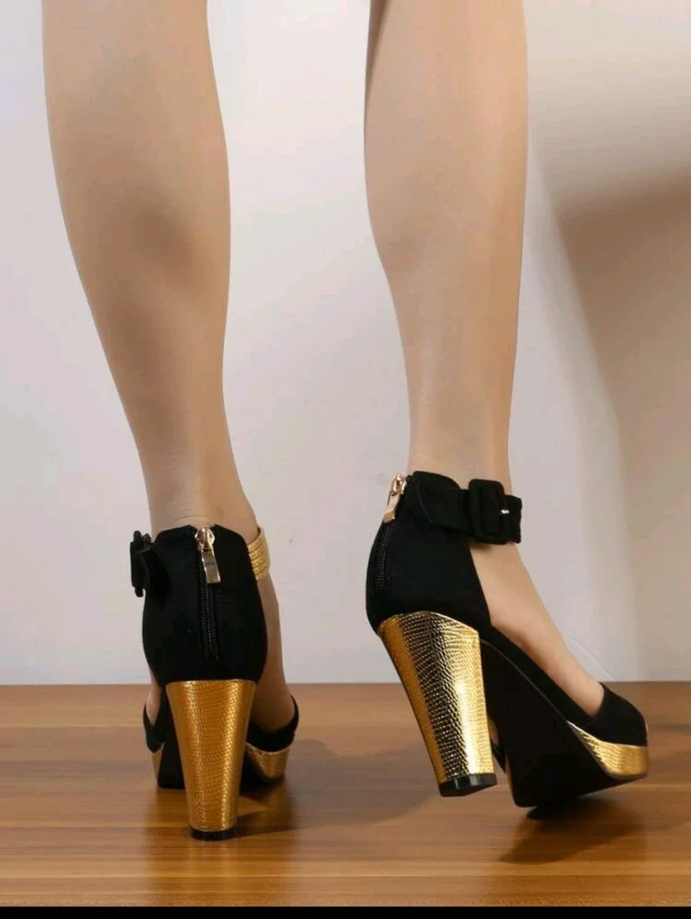 Black and Gold High Heel Ankle-Strap Sandals